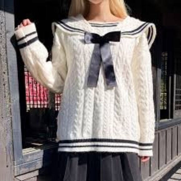 Sweaters - Sailor Sweater L Cream/Black Bow Tie Back Flap Collar Pullover Shein